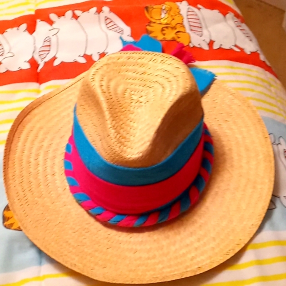 Vintage 90's Straw Beach Hat from Mexico with very colorful pink & blue headband